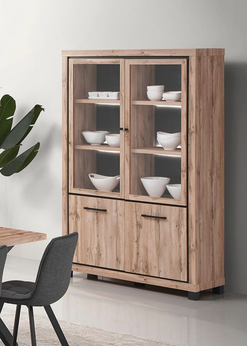 Belfurn - Vitrinekast elegant 133cm met LED in canada eik decor