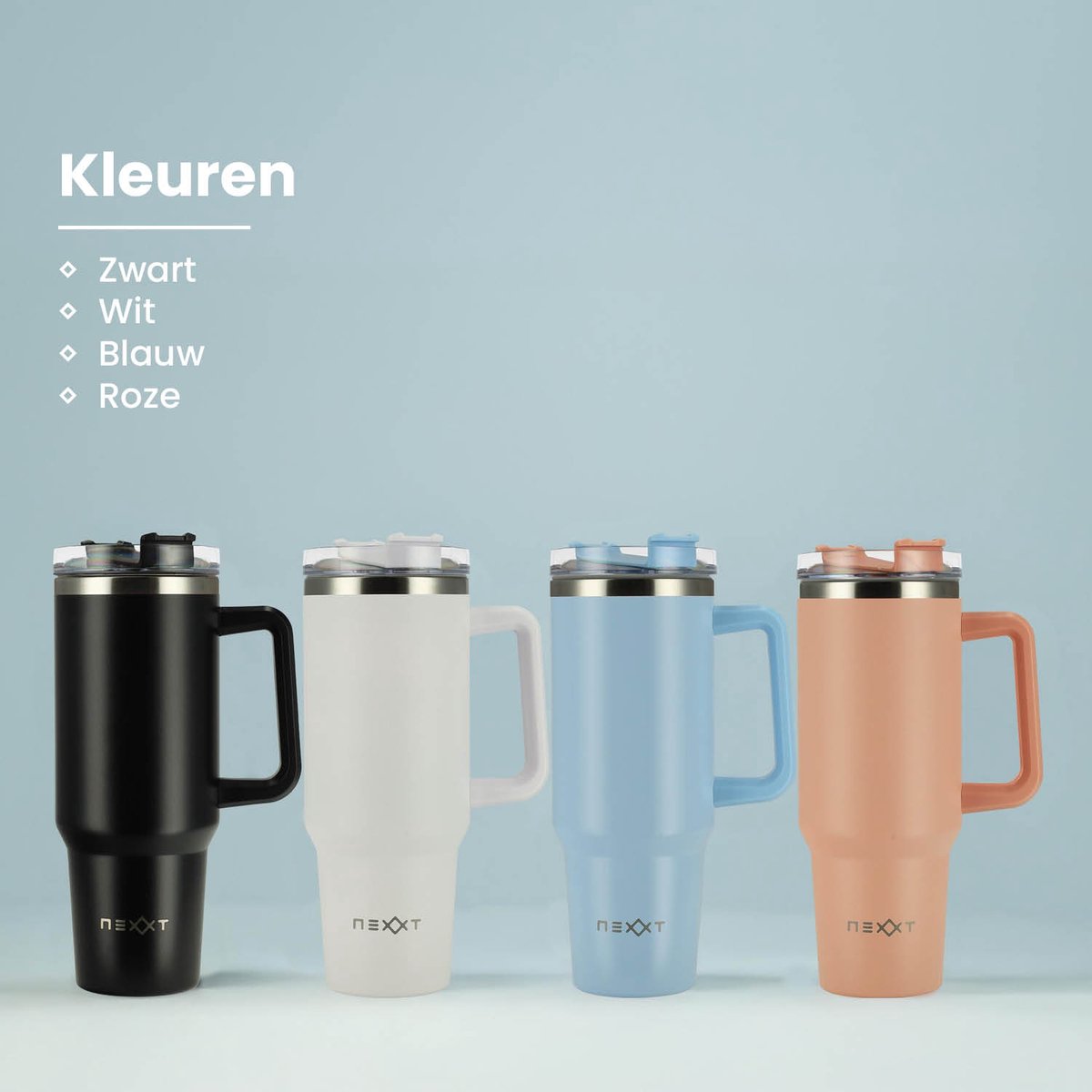 Dubbelwandige roestvrijstalen thermosbeker - 40 oz - 1200 ml - Met handvat en rietje - Koffiemok - Reisbeker - Geïsoleerde beker voor warme koude dranken (roze
