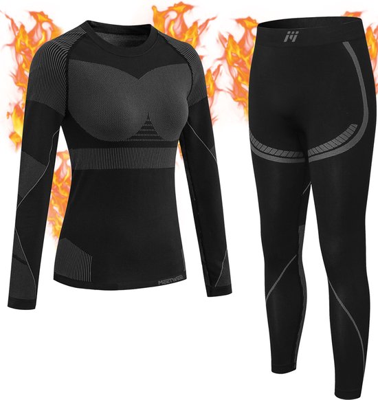 MEETYOO Naadloos Thermo Ondergoed Dames Set - ThermoShirt Dames -Thermokleding Dames - Thermo Shirt Dames Lange Mouw Thermo Shirt en Thermo Broek - en bodemsets voor ski -wandelen fietsen marathon motorfiets hardlopen klimmen snowboarden-Grijs-XL