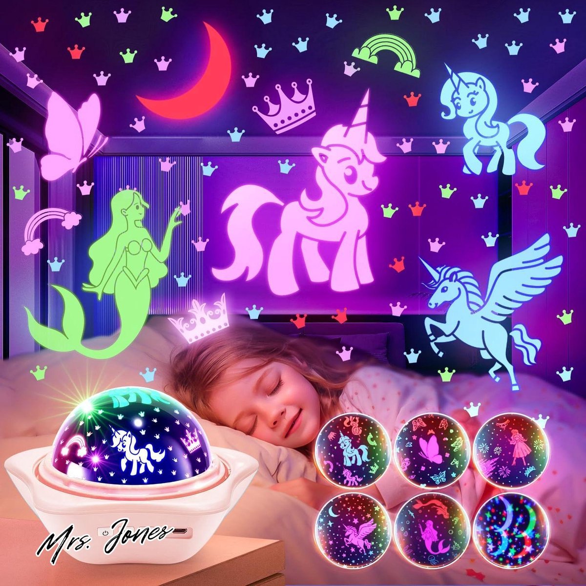 Mrs. Jones One Fire Sterrenhemelprojector voor kinderen - 90 lichtmodi - nachtlampje voor baby's - 360 graden draaibaar - eenhoorn cadeaus voor. .