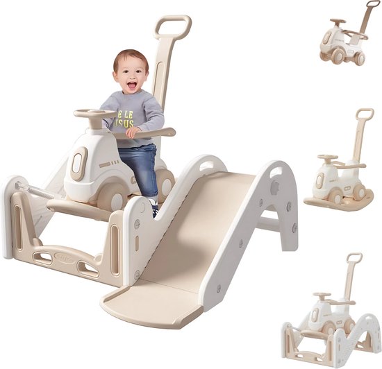 Zonovi 4 in 1 Speeltoestel - Kinderglijbaan - Loopauto met Duwstang - Hobbelpaard - Bouncer - Speelhuis - Speeltoren - Baby - Peuter - Kleuter - Buitenspeelgoed - Binnen en Buiten - Glijbaanset - Speelgoed - Speelplaats - Speelplek - Beige