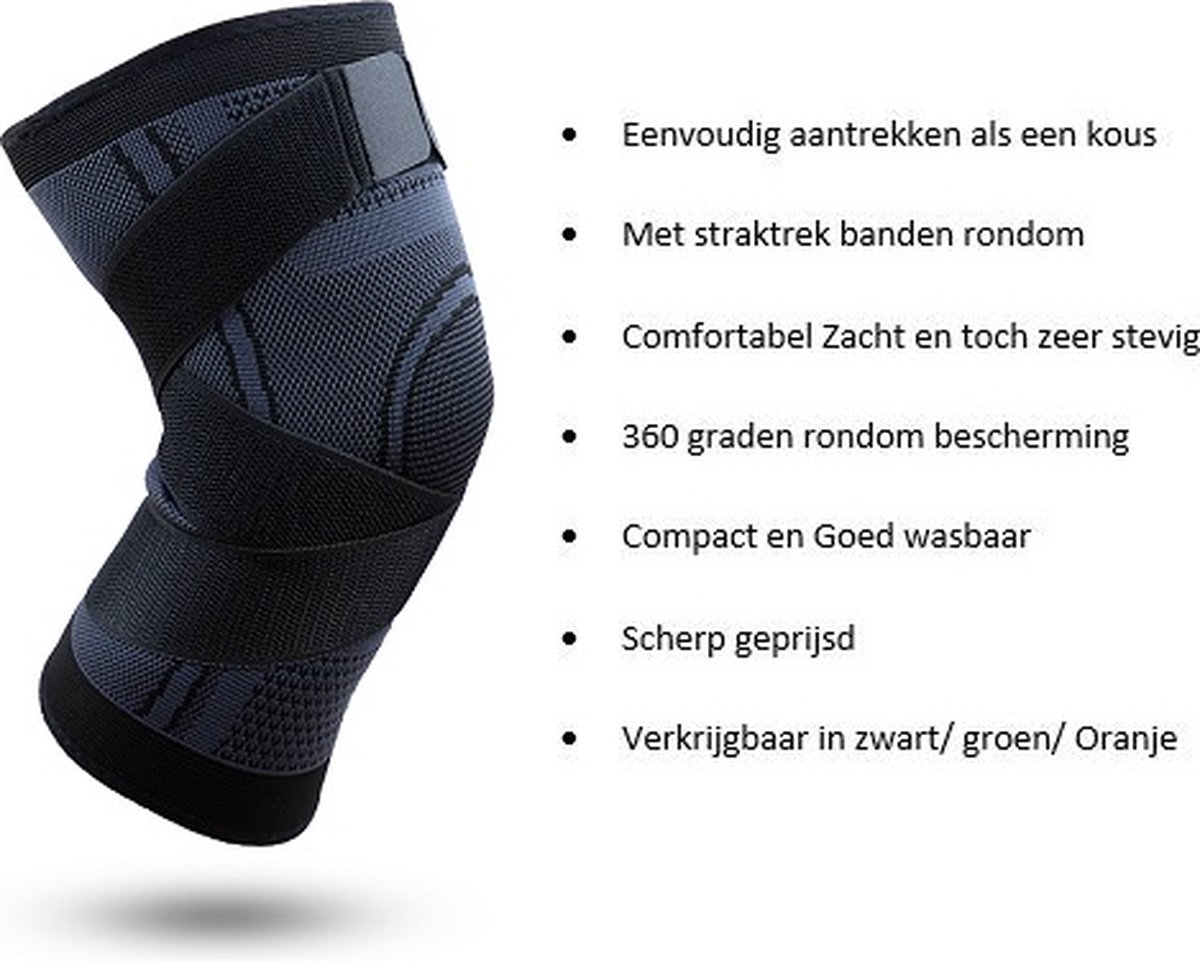 Inuk - Kniebrace - Knieband met Straps - Zwart - Maat L - Elastisch - Comfortabel en Strak