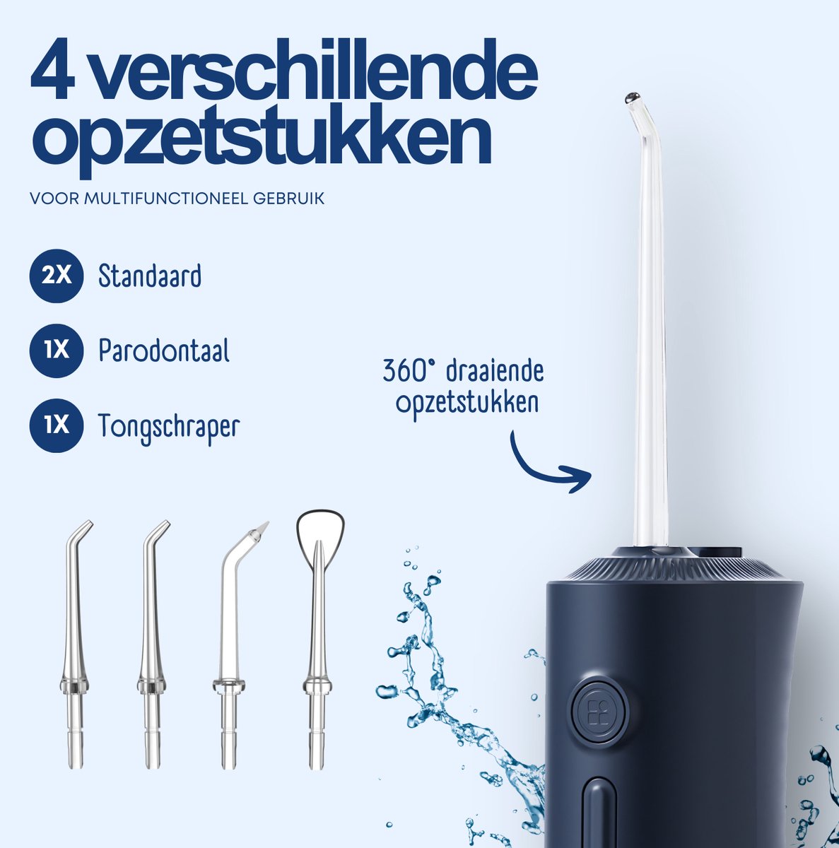 RYER Waterflosser - Draadloos - IPX7 - 320 ml Tank - 3 Standen (Normaal/Zacht/Pulse) - 4 360° Opzetstukken - 2-min Timer & Geheugenfuncties thumbnail 8