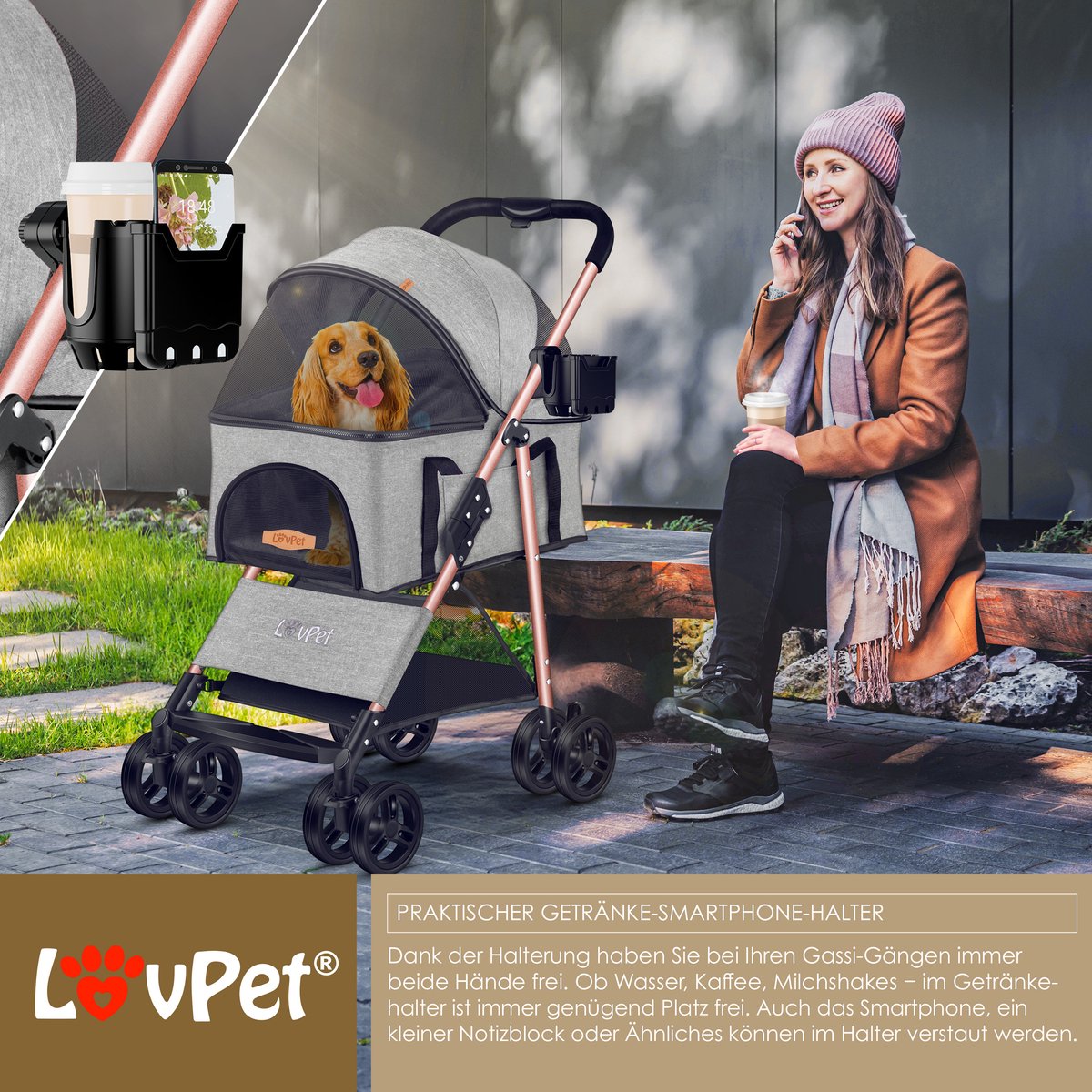 LOVPET® Hondenbuggy 2in1 Huisdieren Wandelwagen Buggy met Transporttas Opvouwbaar tot 20 kg Hondenwandelwagen met Gaasramen & Regenhoes Jogger Kattenbuggy voor Kleine Honden Katten Hondenbox - Lichtgrijs – foto 3