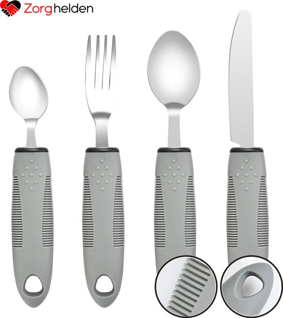 Zorghelden® Aangepast bestek - Luxe uitvoering - 4-delig - Verdikt handvat - Verdikt bestek reuma - Good grips bestek - Aangepast bestek parkinson - Aangepast bestek voor krachtverlies