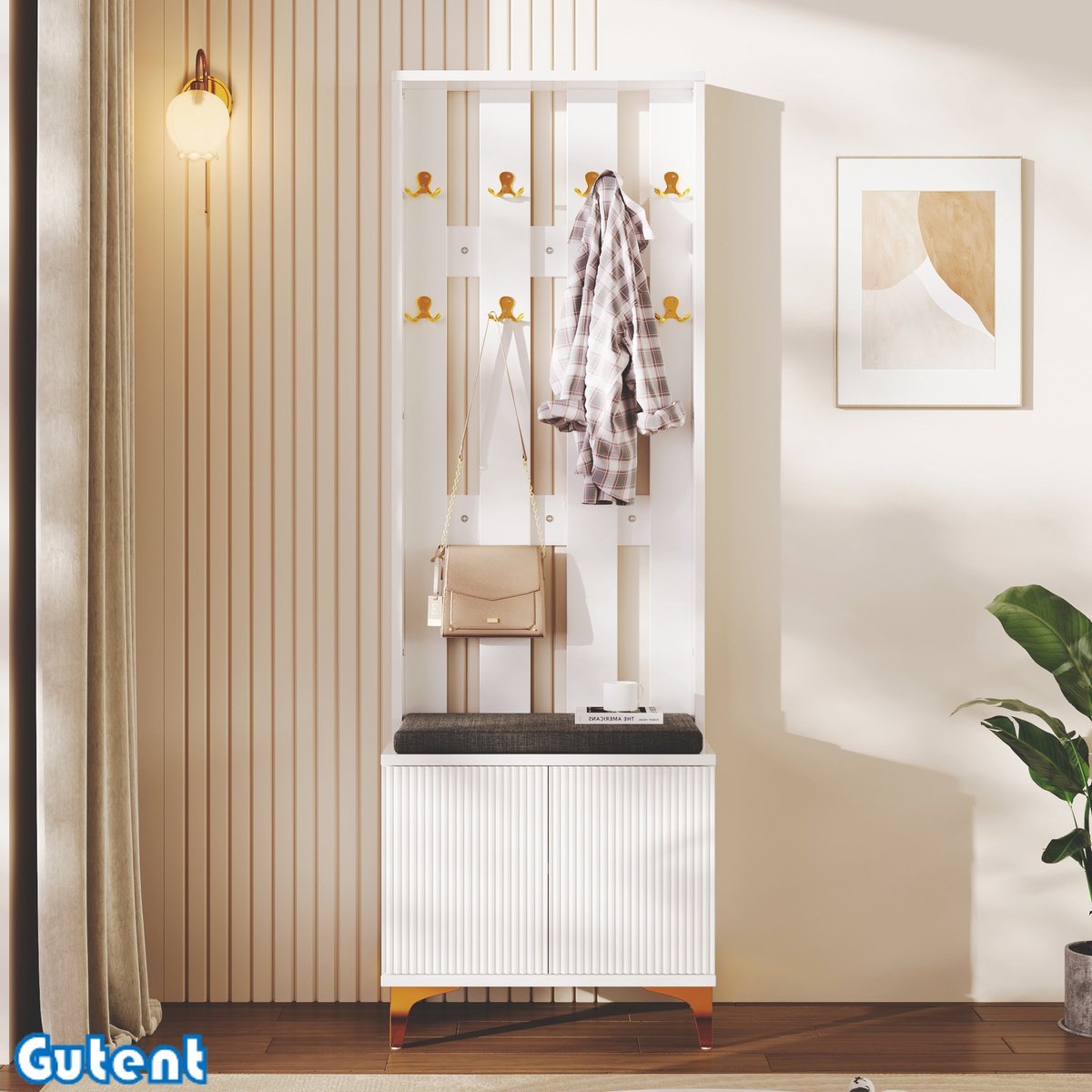 Gutent Garderobeset-met-schoenenkruk en kussen-Kastfront met haken-Wit
