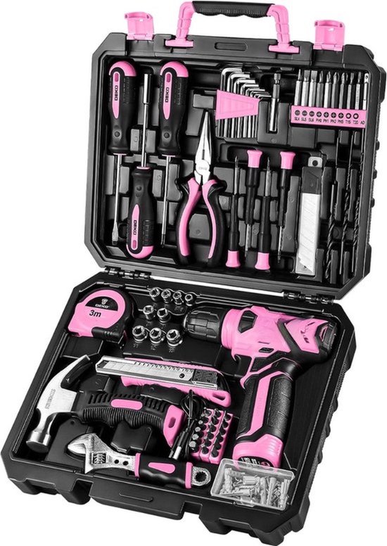 Gereedschapskoffer - 126-delig - Gevuld - Gereedschap - Gereedschapsset - Sleutelloze boorkop - met 8V snoerloze boormachine - DIY handgereedschapssets - Roze