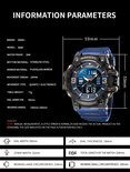 Technische specificaties van het Smael sporthorloge: kastdiameter 59mm, bandbreedte 22mm, waterdicht tot 50M.