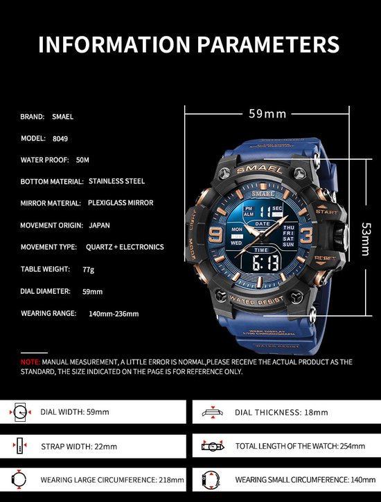 Technische specificaties van het Smael sporthorloge: kastdiameter 59mm, bandbreedte 22mm, waterdicht tot 50M.