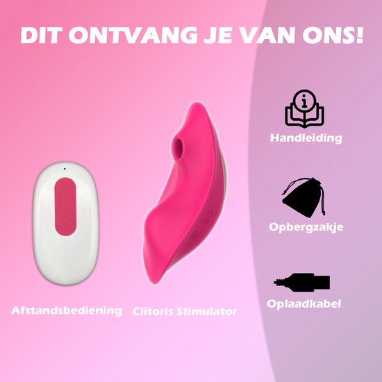 Roze clitoris stimulator, witte afstandsbediening, handleiding, opbergzakje en oplaadkabel. Tekst: Dit ontvang je van ons!