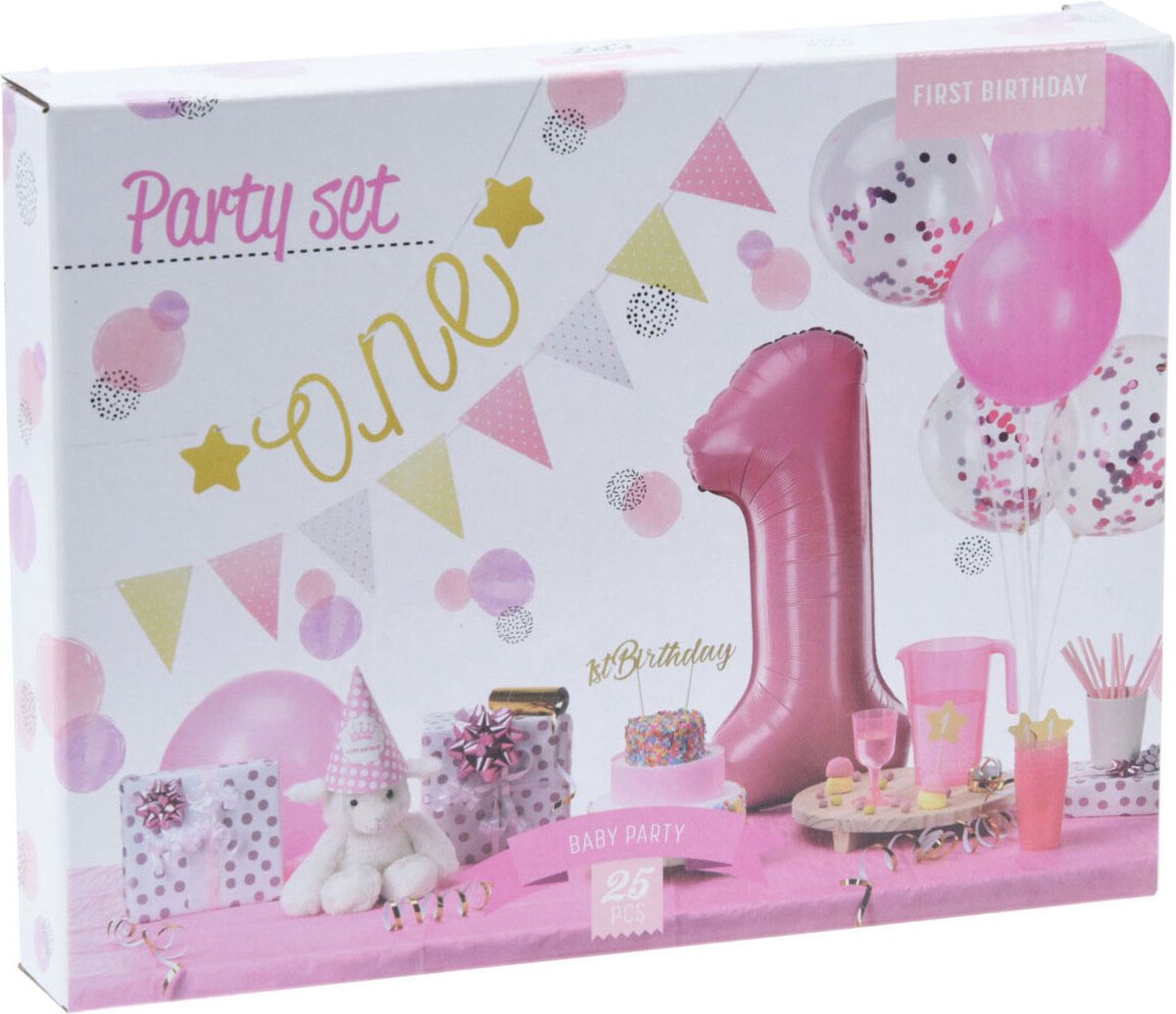 Feestversiering 1e Verjaardag set roze meisje decoratie ballonnen.