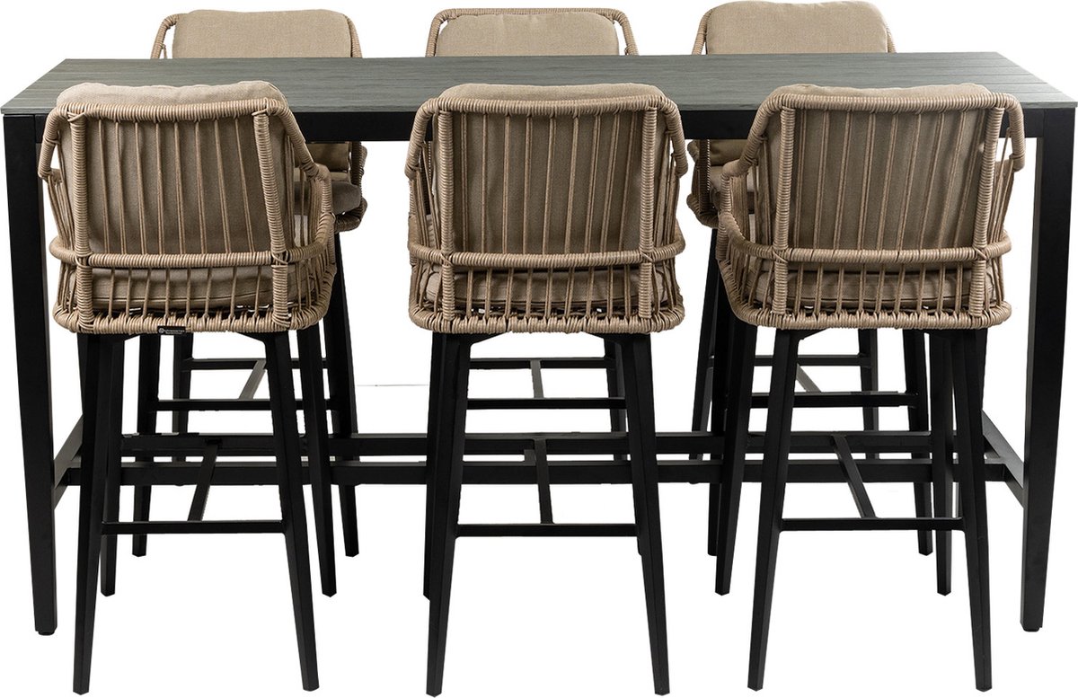7-delige barset | 6 Isabel barstoelen Sand | Cyprus bartafel 200x75cm Grey