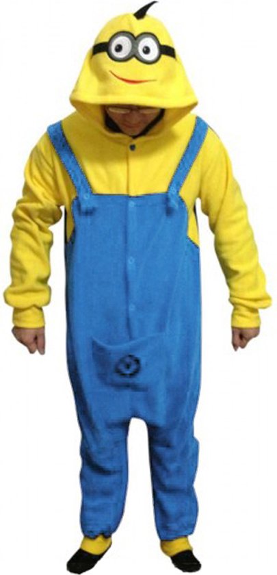 KIMU Onesie Minion Pak - Maat 128-134 - Monster Kostuum Geel Blauw Overall Kinderen Jumpsuit Huispak Fleece Pyjama Jongen Meisje Minions Kerstkado Kerst Kado