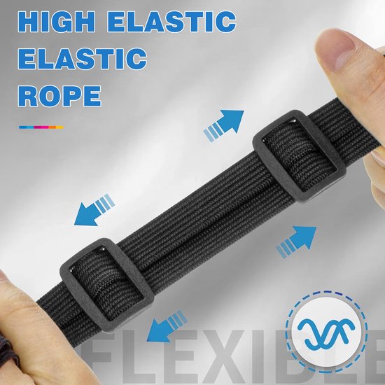 Handen rekken een zwarte, hoog-elastische band met twee gespen uit, met pijlen die flexibiliteit aangeven.