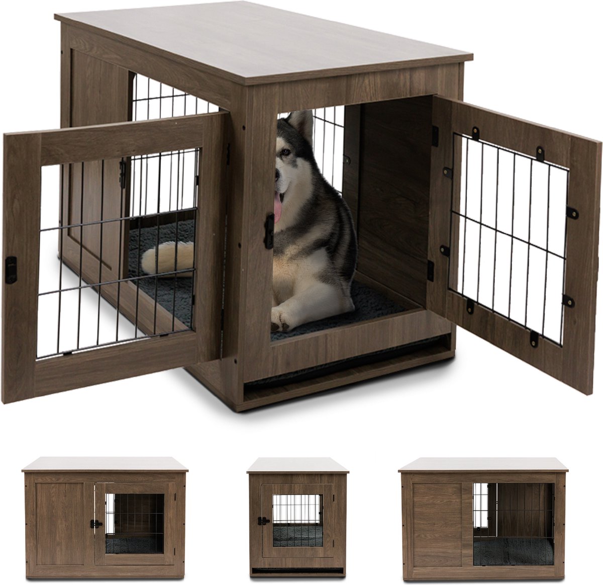 MaxxPet Houten Hondenbench - Hondenhuisje voor binnen - Hondenhok - kennel - 96x61x64cm - Incl. kussen & drinkbakje