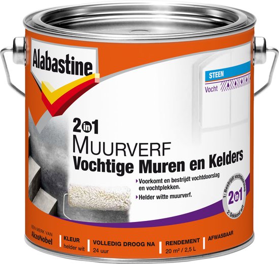 Alabastine 2 in 1 Vochtige Muren en Kelders Muurverf - Helder wit - 2,5 liter
