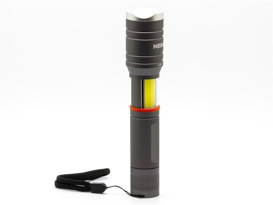 Grijze Nebo zaklamp met rode ring, polsband en LED-verlichting.