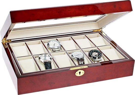 SONGMICS Horlogebox, afsluitbare horlogebox, horlogekast, horlogeorganizer, met 16 vakken, glazen deksel, cadeau voor dierbaren, PU-hoes in inktzwart, fluwelen voering in duifgrijs JWB112G01