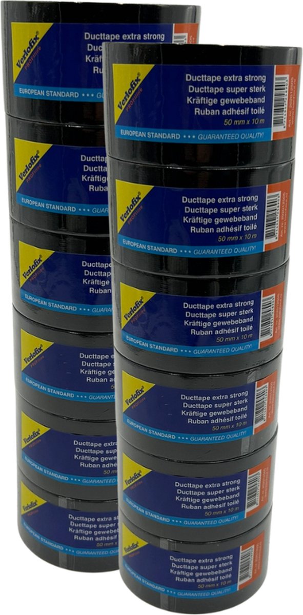 Verlofix Duct Tape - 12 rollen - 50 mm Breed - Rol van 10 Meter - Plakband - Grote Kleefkracht - Zeer Sterk - Waterdichte tape - Zwart