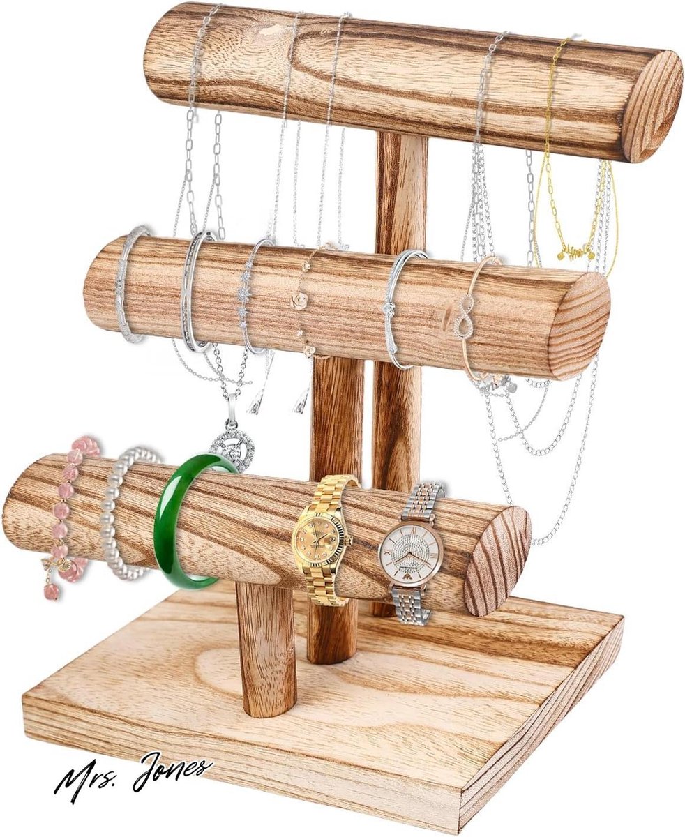 Mrs. Jones 3-etages T-vormige houten armbandhouder - vintage armbanddisplay - armbandrol voor armbanden en horloges .
