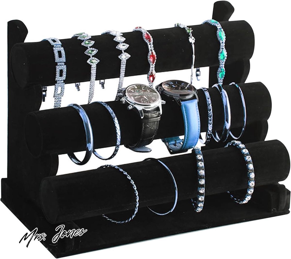 Mrs. Jones Zwart Fluwelen Armbanden Display Stand 3 Tier T-bar Sieraden Display Stand Rack Verwijderbare Ketting Horloge Armbanden Bangle Enkelbandje Sieraden Display Stand Houder voor Vrouwen Mannen - Opbergrek Sieraden Display Stand .