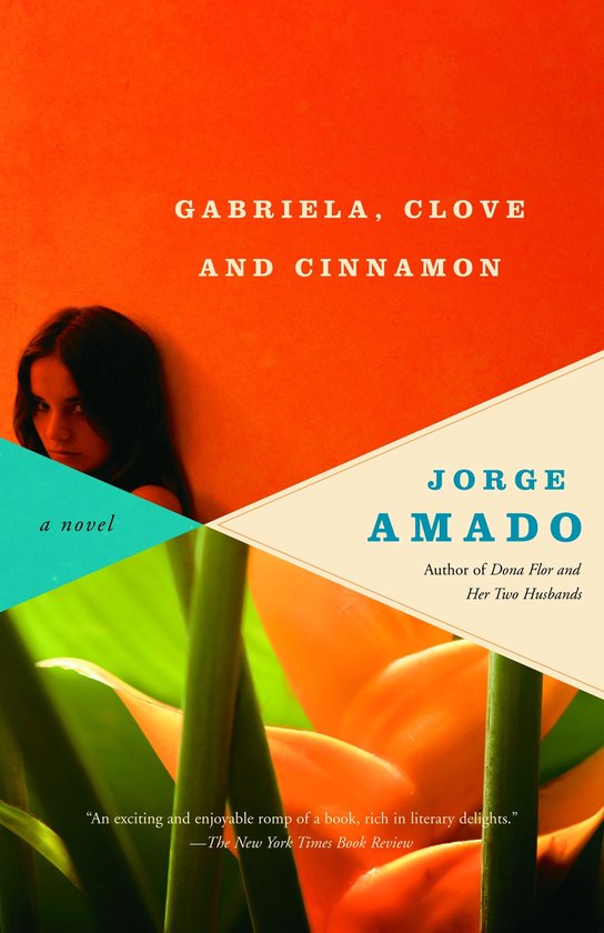 Livre "Gabriela, Clove and Cinnamon" de Jorge Amado. Couverture orange et verte avec une femme.