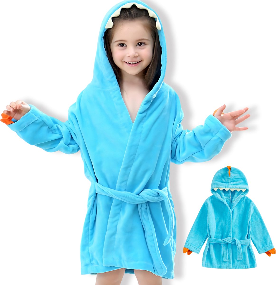 BoefieBoef Dinosaurus Blauw Baby Badjas Kinderen 1-3 Jaar – Zachte Katoenen Ochtendjas met Capuchon – Absorberende Handdoek Badcape – Warme Peuter Badjas voor Waterpret, Na Bad & Zwemles – Jongens & Meisjes – Perfect Cadeau in 4 Kleuren!