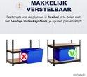 Illustratie die de flexibele hoogte-instelling van de planken van een stellingkast toont.