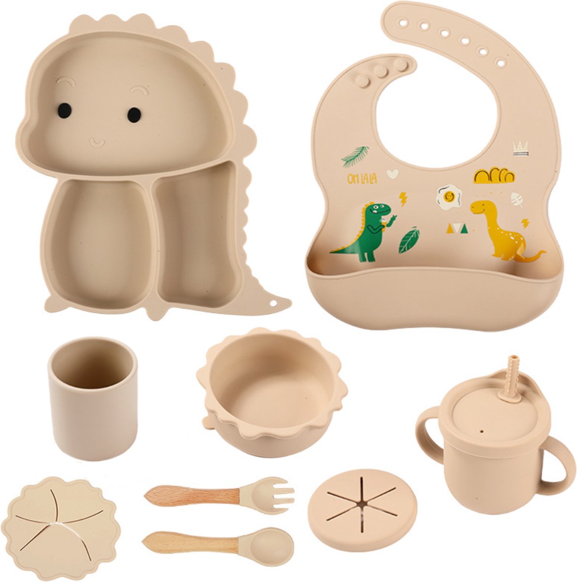 Goedkoopste Premium 9-delig Dinosaurus Kinderservies Set Beige – Kinderbestek, Bord, Beker, Kraamcadeau & Baby Cadeau – Schattige Dinosaurus Design