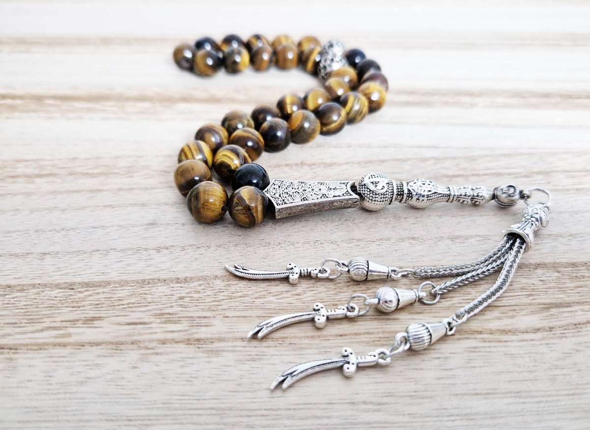 Handgemaakte tesbih "tasbih" natuursteen "Tijgeroog" - Aantal kralen 33 - Diameter kralen 10 MM - met metaal tassel "model 8" - Een mooi cadeau-idee