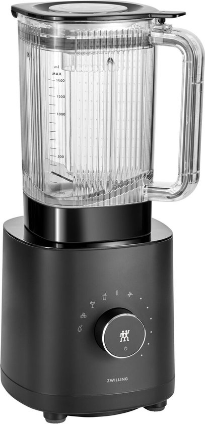 Blender noir avec pichet transparent, graduation et cadran rotatif avec symboles de fonction.
