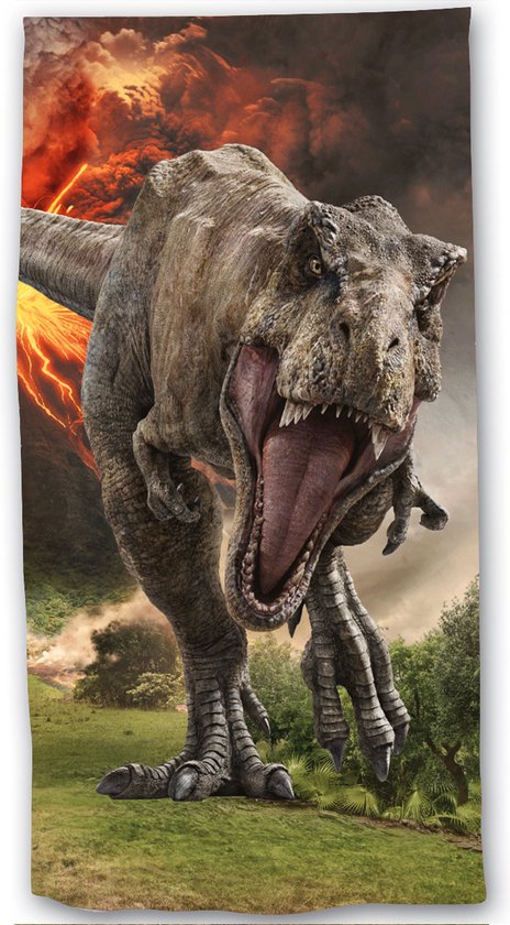 Een Tyrannosaurus Rex met zijn bek open voor een vulkaanuitbarsting op een handdoek.