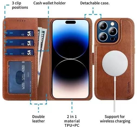 iPhone 14 Pro Max - Étui de téléphone en cuir de Luxe 2 en 1 - Élégant et multifonctionnel - Lavann - Bookcase magnétique 2 en 1 en cuir - Blauw
