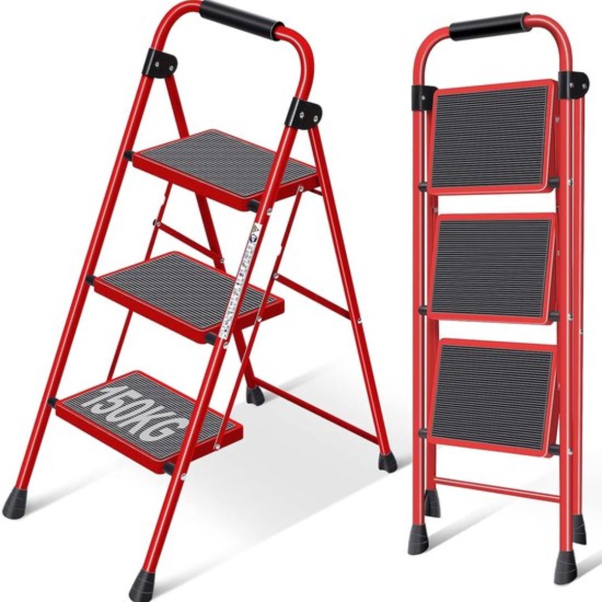 Goedkoopste Trapladder 3 Treden met Leuning, Draagbare Vouwladder Vouwtrap met Antislip Voeten en Breed Trapje, Lichte Opstapkruk Inklapbaar Stabiel Huishoudtrap voor Thuis Keuken Kantoor, Rood