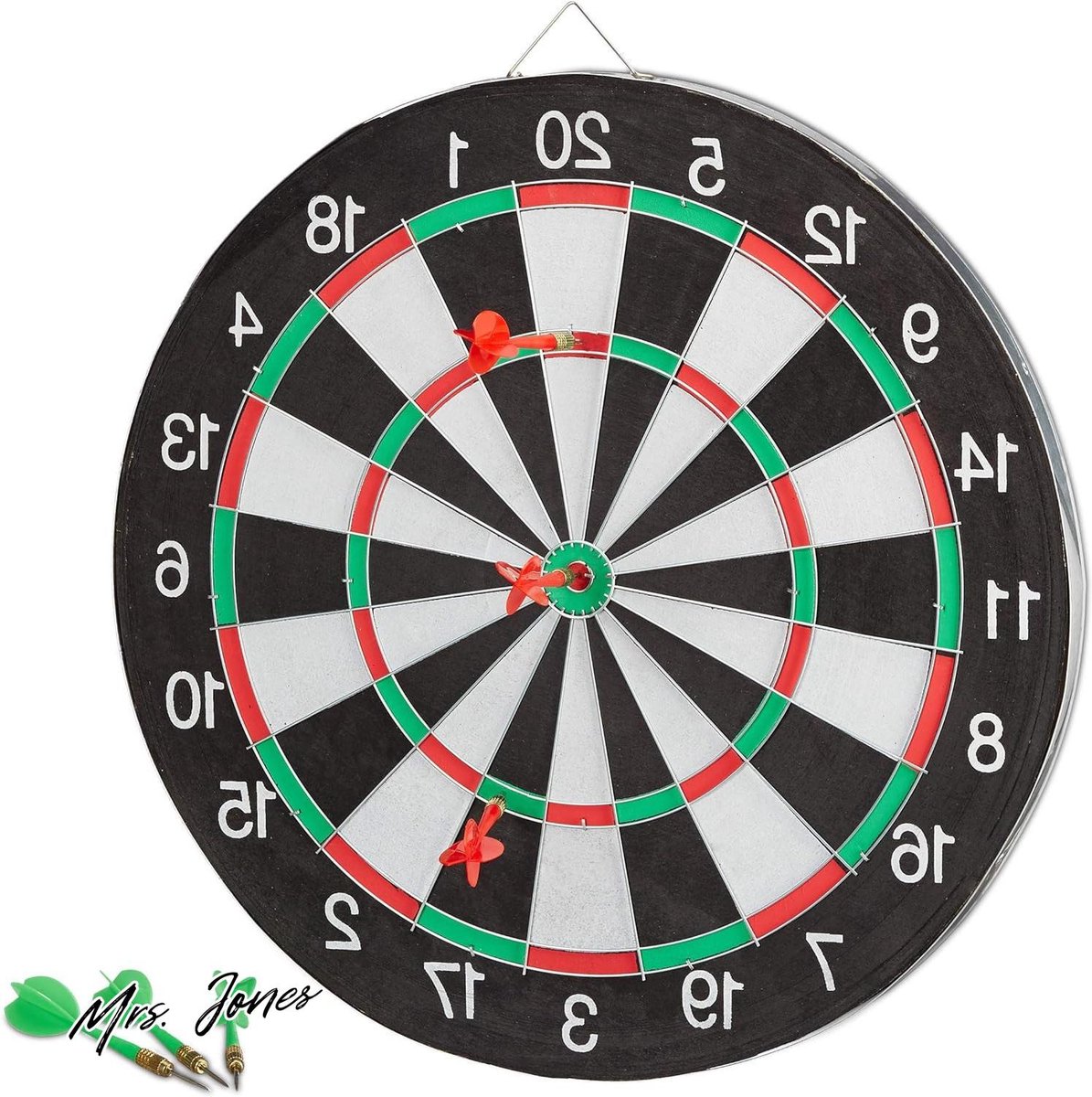 Mrs. Jones Dartbord X1 43 cm tweezijdig speelbaar rond klassiek met 6 pijlen voor thuis steeldarts zwart wit en plezierige avonden .