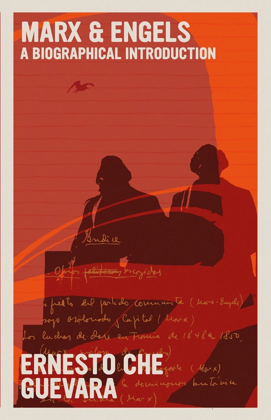 Boekomslag met rode tinten: MARX & ENGELS A BIOGRAPHICAL INTRODUCTION. Silhouetten van twee mannen en handschrift.