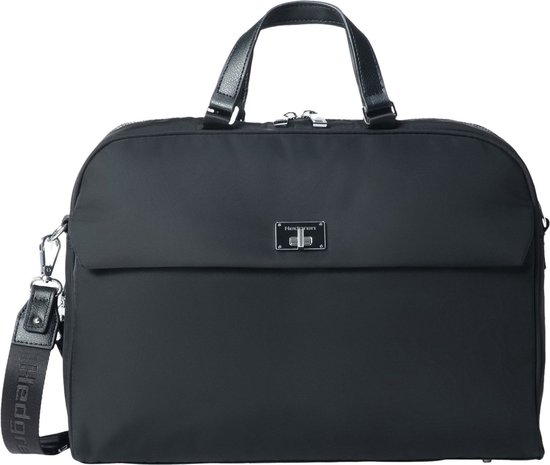 Zwarte Hedgren laptoptas met een logo op de voorkant en een schouderband met merknaam.