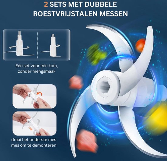 White-Label® Elektrische Groentesnijder Multifunctioneel - Vleesmolen - Gehaktmolen - Uiensnijder - Blauw met Transparant — afbeelding 5