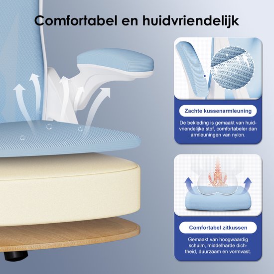 Gedetailleerde weergave van het comfortabele zitkussen en de ademende bekleding van de blauwe bureaustoel.