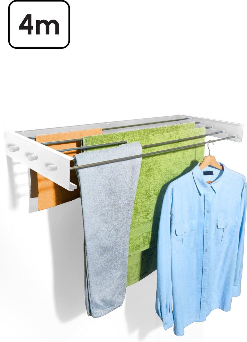 Goedkoopste Bodo® In- en uitklapbaar droogrek met Ophanghaken - Wit - 4m Drooglengte