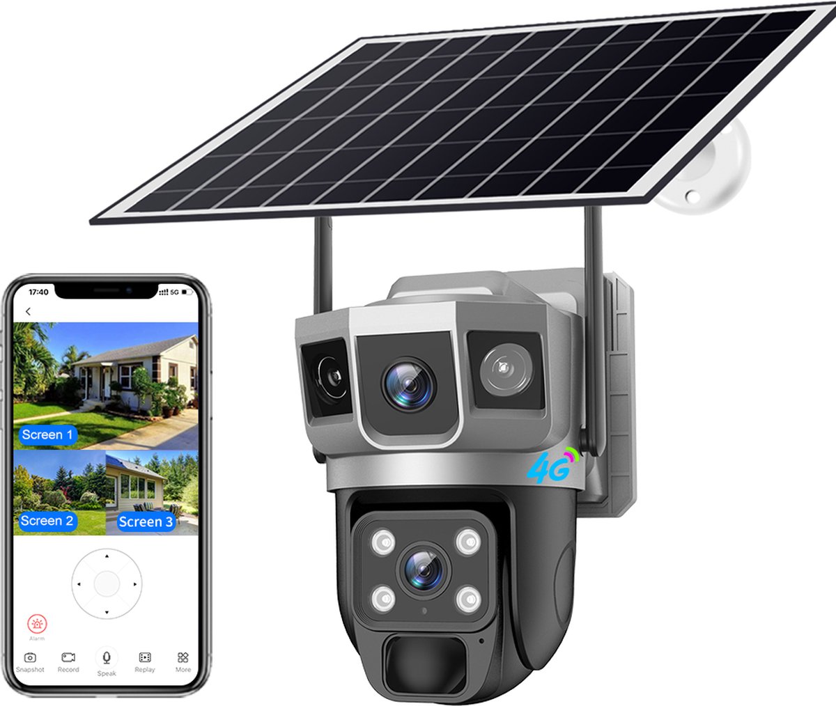 Narvie VTS02-G 4G Solar Beveiligingscamera - 4MP Triple-Lens, 4G, Zonne-energie en USB-C, Full-Color Nachtzicht PIR & Radar Bewegingsdetectie