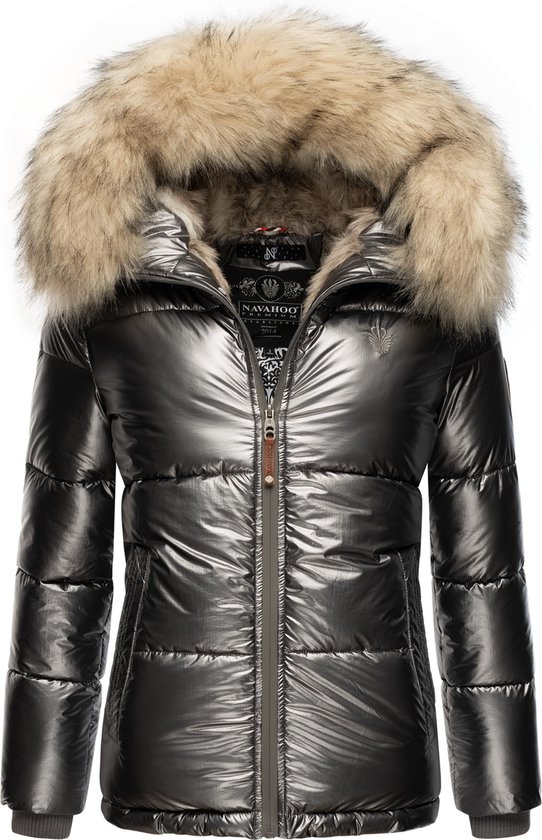 Navahoo Warme winterjas voor dames, gewatteerde jas met teddybont B900, olijfgroen, S