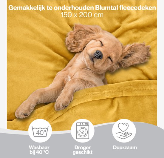 Slapende puppy op een gele plaid, met wassymbolen.
