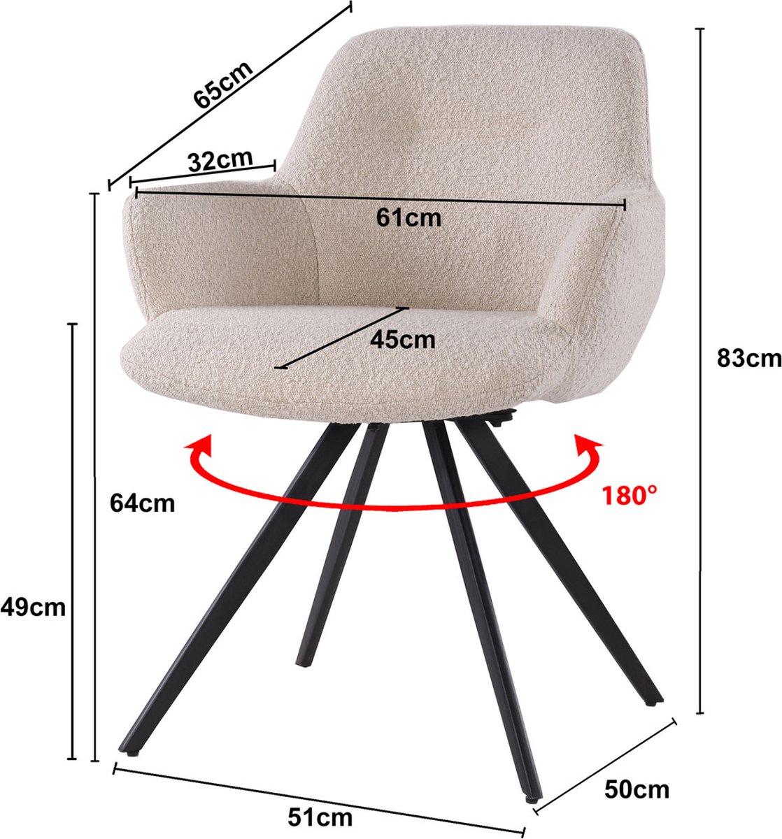 Livingfurn Eetkamerstoel Doreen Bouclé Beige Draaibaar - Set van 2