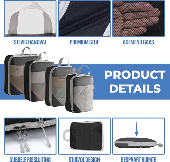 Cubes de compression - Set organisateur de valise - 8 pièces - Organisateur de Vêtements et de bagages - Compression - Cubes de voyage - Accessoires de vêtements pour bébé de voyage - Pour Tassen et Sacs à dos - Zwart