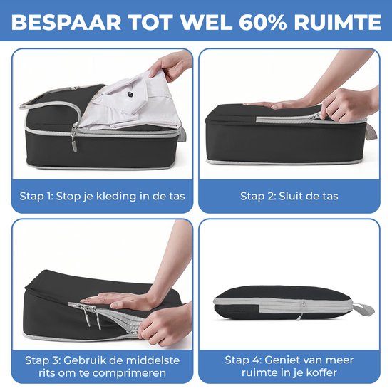 Cubes de compression - Set organisateur de valise - 8 pièces - Organisateur de Vêtements et de bagages - Compression - Cubes de voyage - Accessoires de vêtements pour bébé de voyage - Pour Tassen et Sacs à dos - Zwart