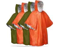 Poncho - Regenponcho - 4 stuks - overlevingsdeken - 100*130 cm - Omkeerbaar - met Capuchon - Waterdicht - Draagbaar - Outdoor Kit - voor outdoor-activiteiten - camping - Unisex - oranje+groen