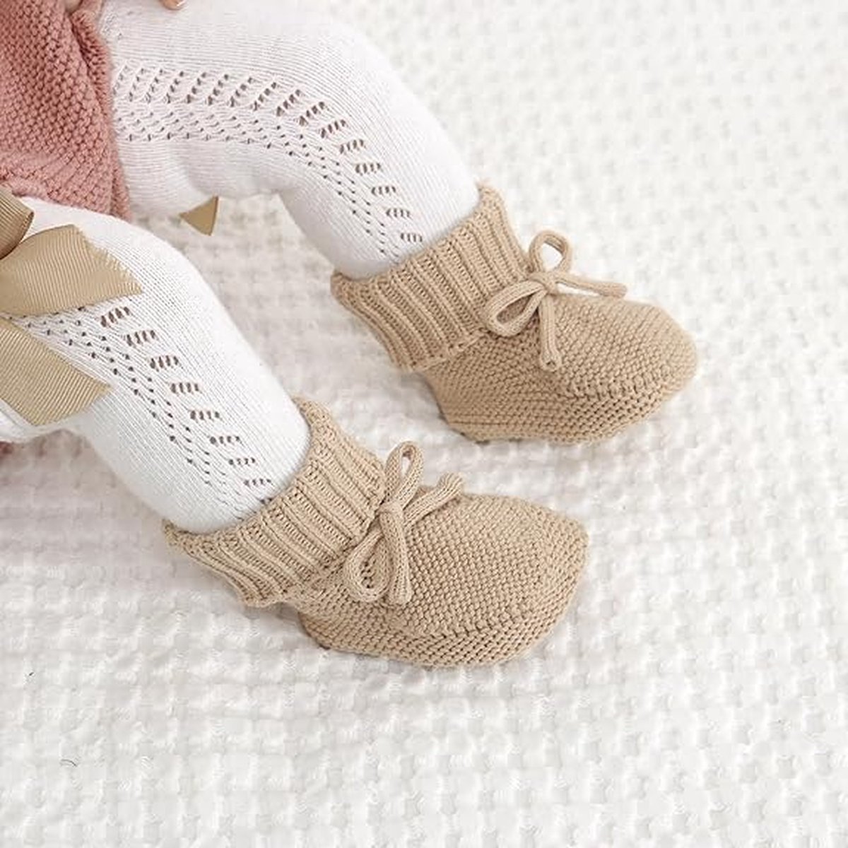 Babylaarzen Gebreide babylaarzen Gebreide katoenen babyslofjes Pasgeboren sokhoezen Peutersokken Warme gebreide zachte laarzen Voor peuters Baby 0-6M Beige