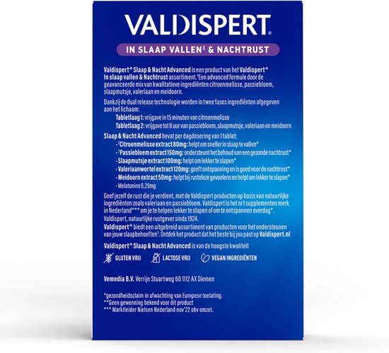 Valdispert Slaap & Nacht Advanced verpakking met "Gluten Vrij, Lactose Vrij, Vegan Ingrediënten" en Vemdia B.V. adres.