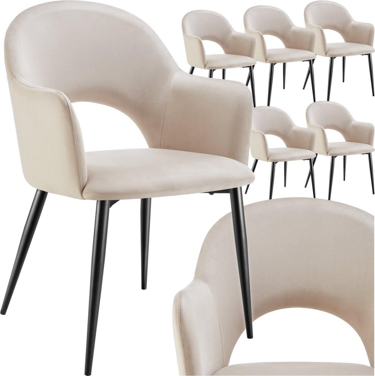 tectake® Set van 6 Eetkamerstoelen Sachel - Fluweellook Gestoffeerde Fauteuils - Keukenstoel - Ergonomische Stoelen voor Woonkamer en Keuken - Eetkamerstoel met Armleuning - 120 kg Draagkracht per Stoel - Creme